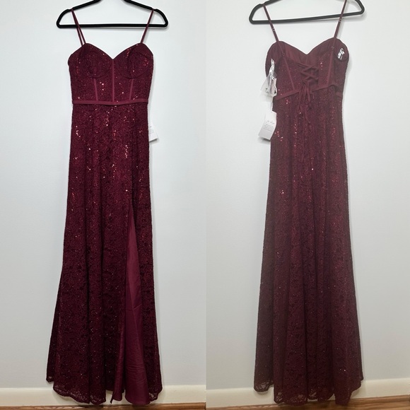 NEW David’s Bridal Jules and Cleo Sparkle Lace Dress with Corset Bodice Wine Red - Picture 3 of 12